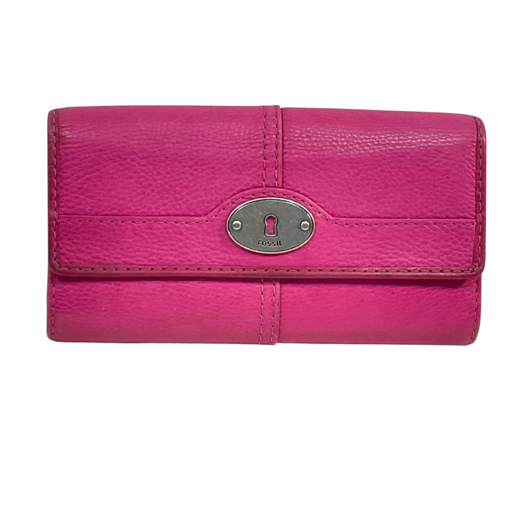 Hot Pink Fossil Leather Tri-fold Wallet Maddox Cards Bills Keyhole
